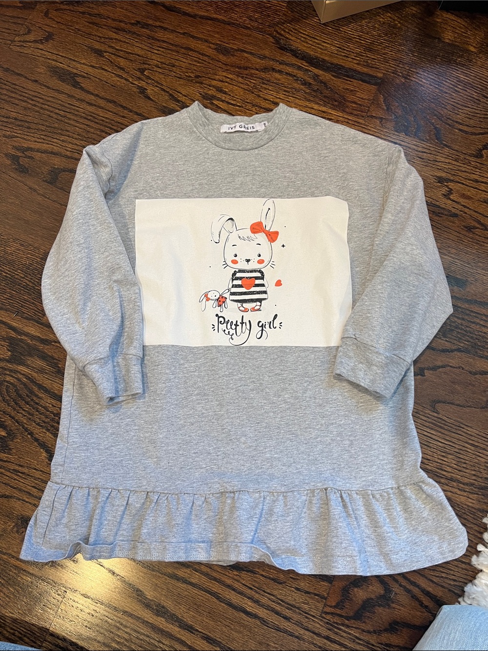 Grey Bunny Ruffle Hem Long Sleeve Dress